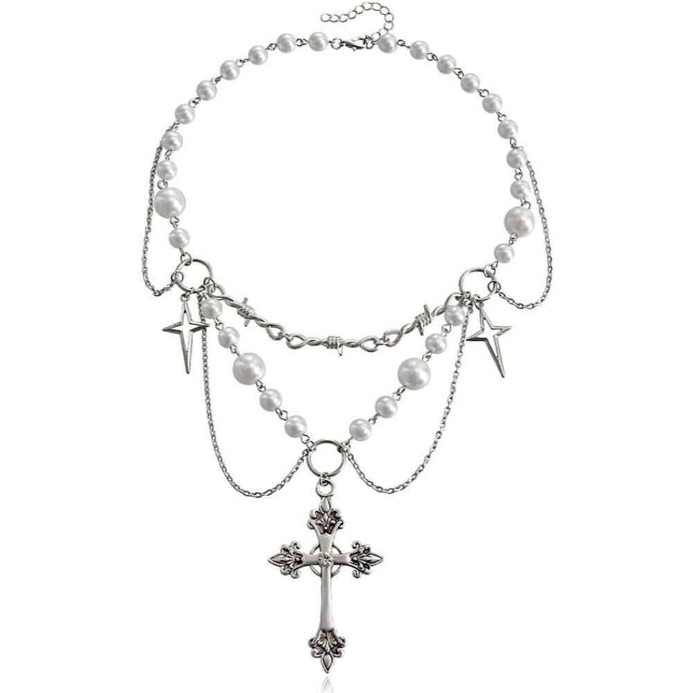 Vintage Pearl Cross Necklace Zinc Alloy Gothic Layered Choker Gift for Women